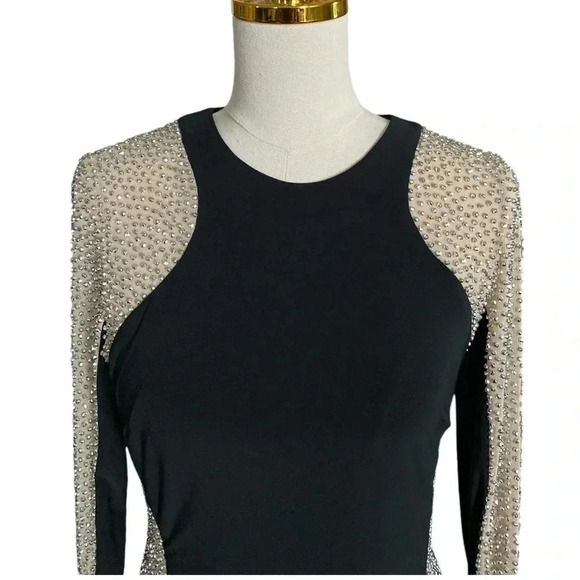 XSCAPE | Crystals Embellished Mesh-Trimmed Sheath Black Evening Dress Size 10 - Picture 9 of 14